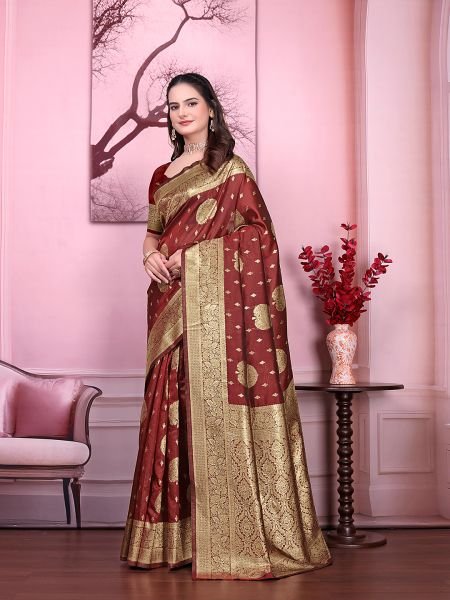 Floral Print Ready to Wear Banarasi Jacquard Party Saree with Unstitched Blouse Ready To Wear Sarees