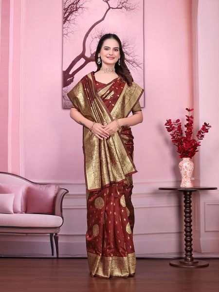 Floral Print Ready to Wear Banarasi Jacquard Party Saree with Unstitched Blouse Ready To Wear Sarees