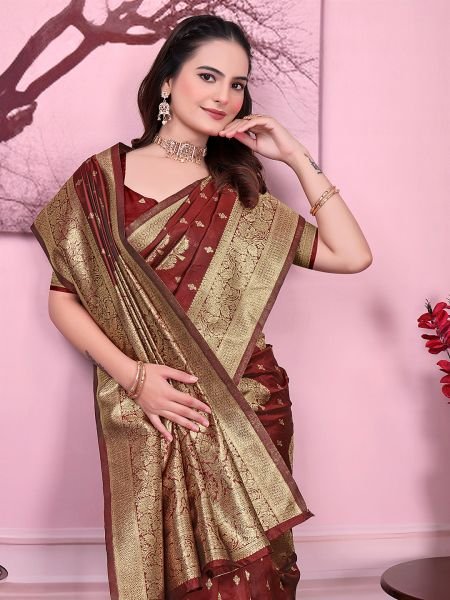 Floral Print Ready to Wear Banarasi Jacquard Party Saree with Unstitched Blouse Ready To Wear Sarees