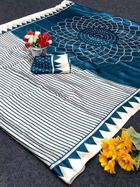 Geometric Stripes Crepe Silk Traditional Print Saree