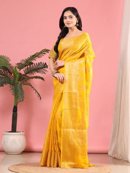 Gold Banarasi Georgette jacquard Saree With Embroidery Blouse Banarasi Sarees