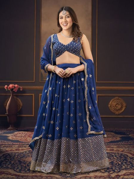 Georgette Embroidered  Embellished Semi Stitched Blue Lehenga Choli 