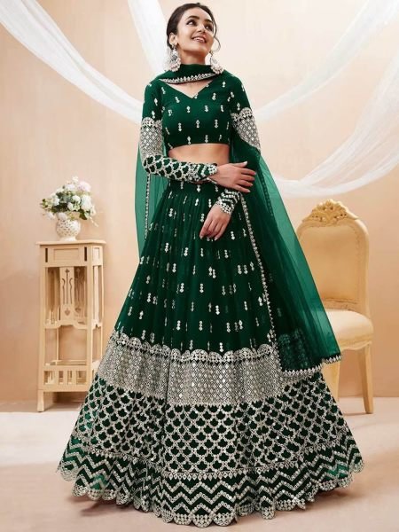 Georgette Embroidered  Embellished Semi Stitched Green Lehenga Choli 