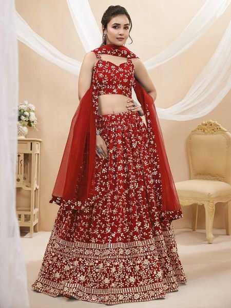 Georgette Embroidered  Embellished Semi Stitched Red  Lehenga Choli 