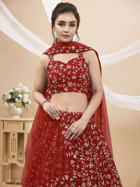 Georgette Embroidered  Embellished Semi Stitched Red  Lehenga Choli Lehenga Choli