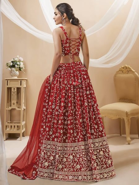 Georgette Embroidered  Embellished Semi Stitched Red  Lehenga Choli Lehenga Choli