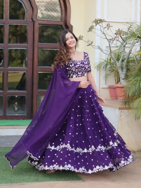 Georgette Embroidered Semi Stitched Purple Lehenga Choli 