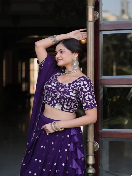 Georgette Embroidered Semi Stitched Purple Lehenga Choli Lehenga Choli