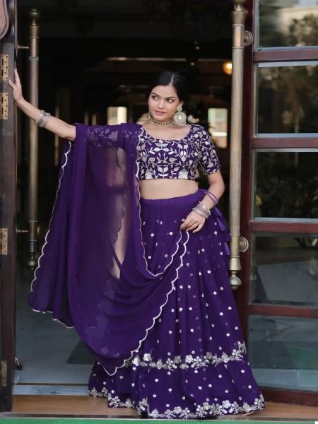 Georgette Embroidered Semi Stitched Purple Lehenga Choli Lehenga Choli