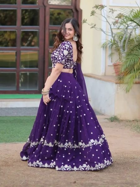 Georgette Embroidered Semi Stitched Purple Lehenga Choli Lehenga Choli