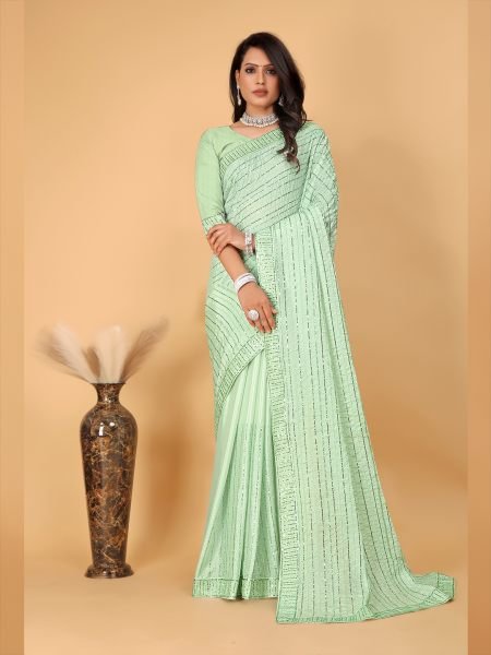 Georgette Embroidered Sequinns Work Pista Saree Sale