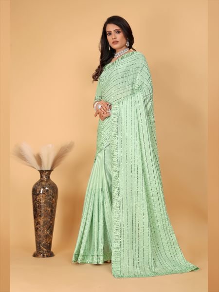 Georgette Embroidered Sequinns Work Pista Saree Designer Sarees