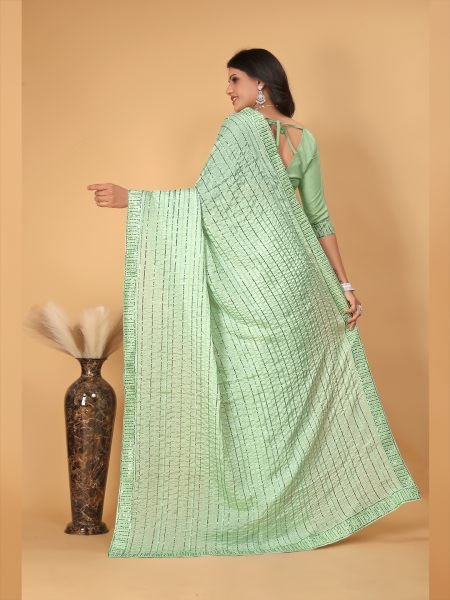 Georgette Embroidered Sequinns Work Pista Saree Designer Sarees