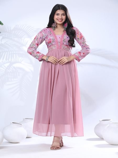Georgette Embroidery Flared Pink Gown Sale