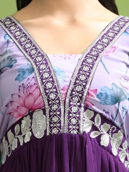 Georgette Embroidery Flared Purple Gown Dresses