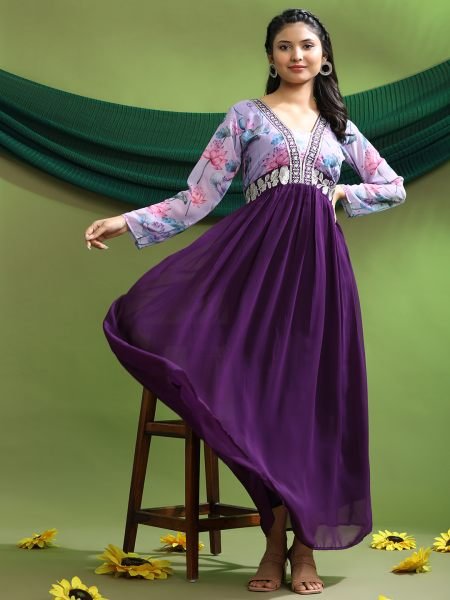 Georgette Embroidery Flared Purple Gown Dresses