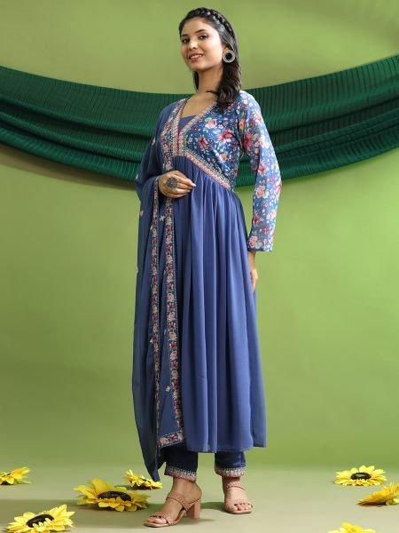 Georgette Embroidery With Sequence A line Blue Kurta Set Kurta Sets