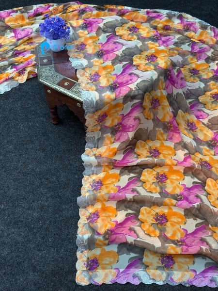 Georgette Floral Print Saree with Swarovski Work Border