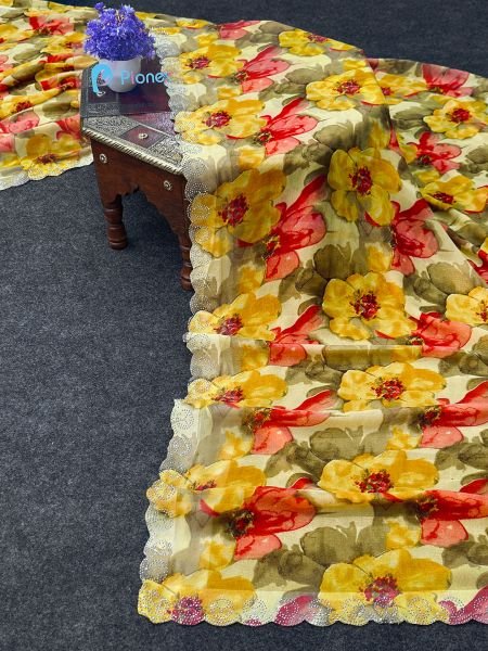 Georgette Floral Print Saree with Swarovski Work Border Daily Deals