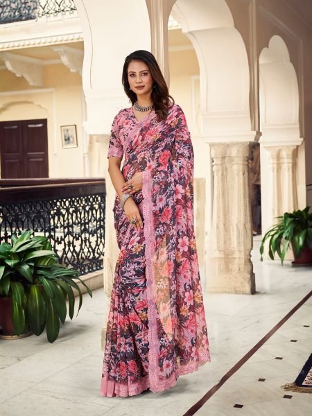 Georgette Floral Printed Fix Diamond Work Peach Saree Sale