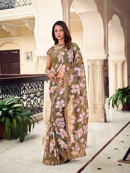 Georgette Floral Printed Fix Diamond Work Mendi Green Saree Sale