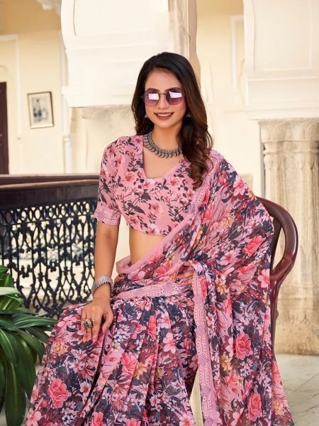 Georgette Floral Printed Fix Diamond Work Peach Saree Designer Sarees