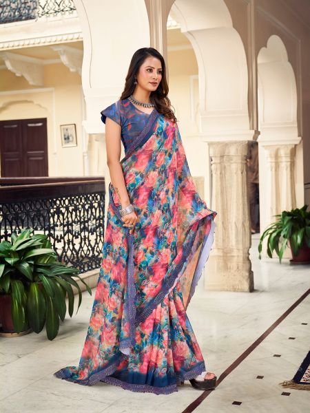 Georgette Floral Printed Fix Diamond Work Multi Saree Designer Sarees