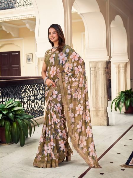 Georgette Floral Printed Fix Diamond Work Mendi Green Saree Designer Sarees