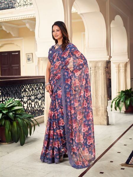 Georgette Floral Printed Fix Diamond Work Blue Saree Designer Sarees