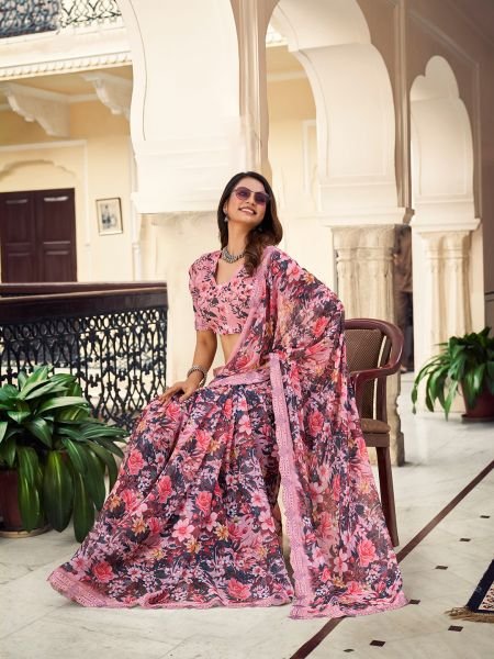 Georgette Floral Printed Fix Diamond Work Peach Saree Designer Sarees