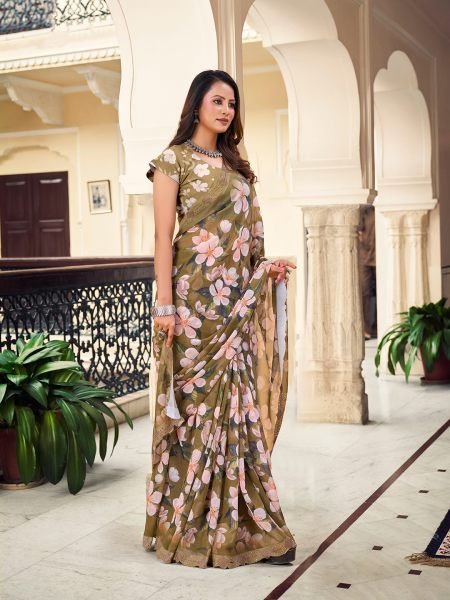 Georgette Floral Printed Fix Diamond Work Mendi Green Saree Designer Sarees