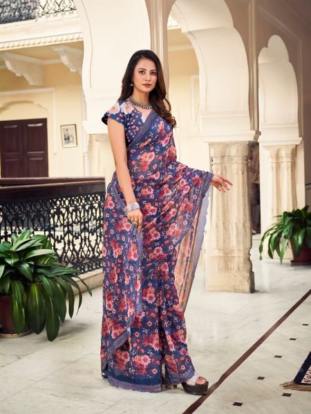 Georgette Floral Printed Fix Diamond Work Blue Saree Designer Sarees