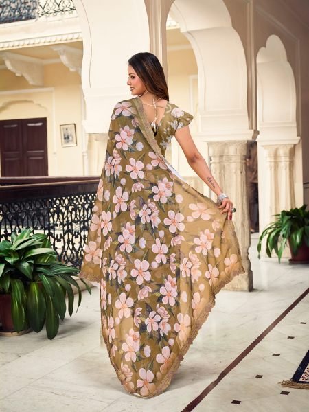 Georgette Floral Printed Fix Diamond Work Mendi Green Saree Designer Sarees