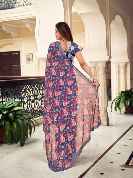 Georgette Floral Printed Fix Diamond Work Blue Saree Designer Sarees