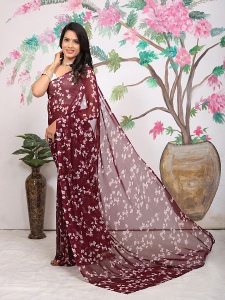 Georgette Floral Prnt Ready To Wear Wine Saree Ready To Wear Sarees