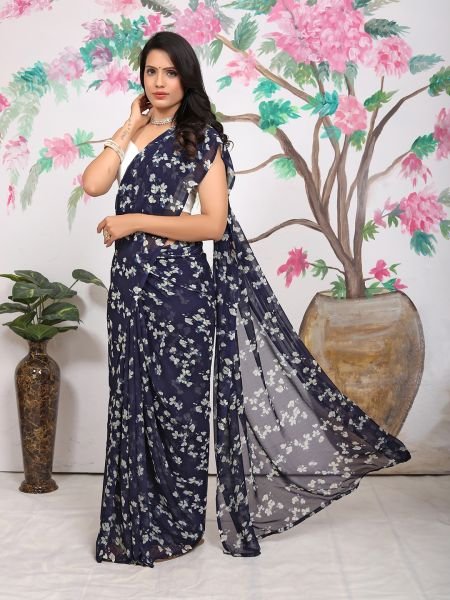 Georgette Floral Prnt Ready To Wear Dark Blue Saree Ready To Wear Sarees