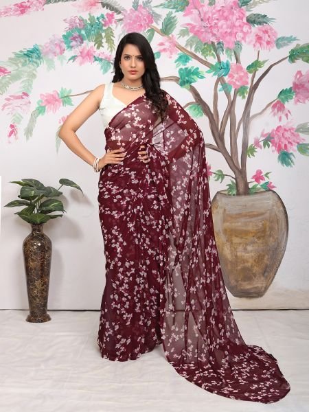 Georgette Floral Prnt Ready To Wear Wine Saree Ready To Wear Sarees