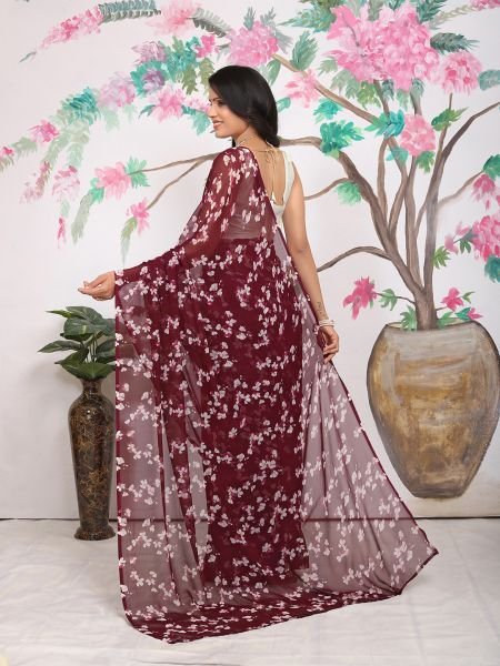 Georgette Floral Prnt Ready To Wear Wine Saree Ready To Wear Sarees