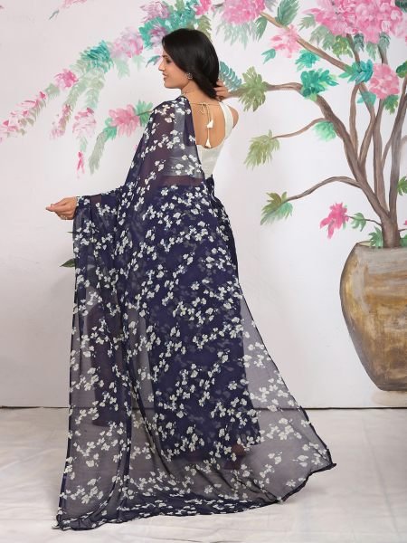 Georgette Floral Prnt Ready To Wear Dark Blue Saree Ready To Wear Sarees