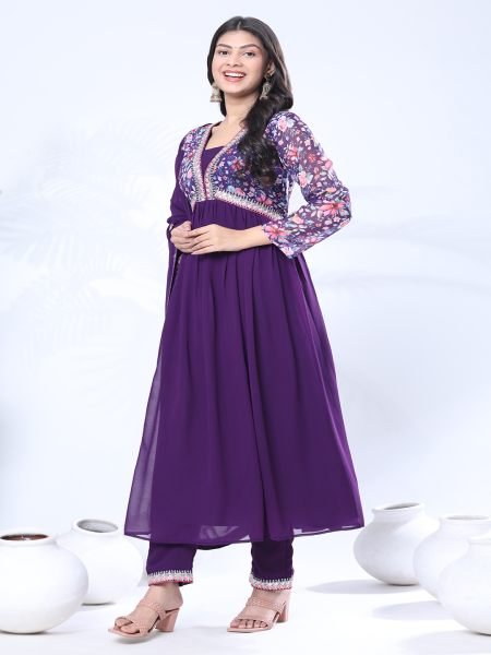 Georgette Embroidery With Sequence A line Purple Kurta Set Kurta Sets