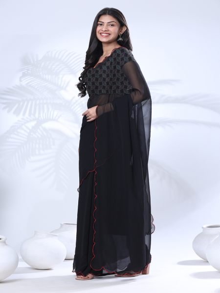 Georgette Scallop Border Black Saree With Embroidery Blouse Designer Sarees