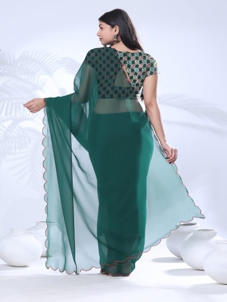 Georgette Scallop Border Green Saree With Embroidery Blouse Designer Sarees