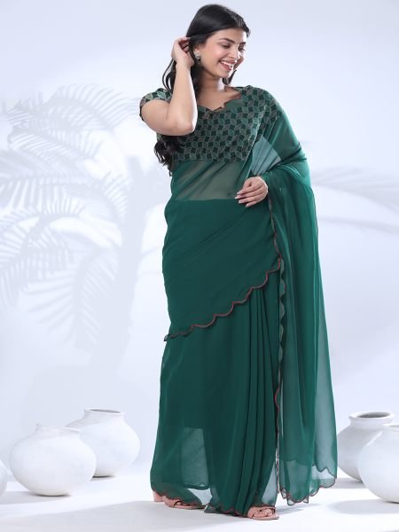 Georgette Scallop Border Green Saree With Embroidery Blouse Designer Sarees