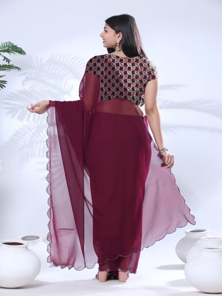 Georgette Scallop Border Wine Saree With Embroidery Blouse Designer Sarees