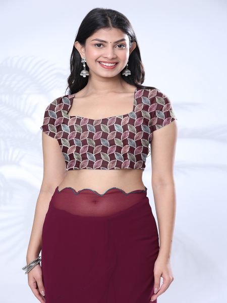 Georgette Scallop Border Wine Saree With Embroidery Blouse Designer Sarees
