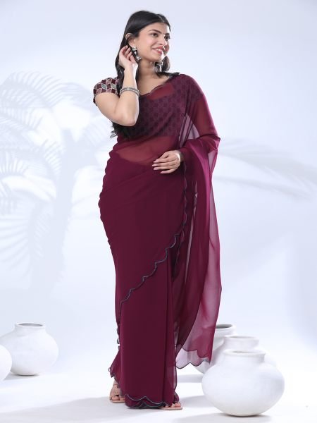 Georgette Scallop Border Wine Saree With Embroidery Blouse Designer Sarees