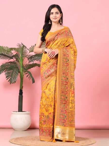 Gold Floral Printed Woven Zari Pashmina Saree Banarasi Sarees