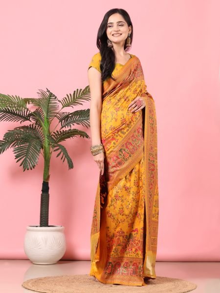 Gold Floral Printed Woven Zari Pashmina Saree Banarasi Sarees