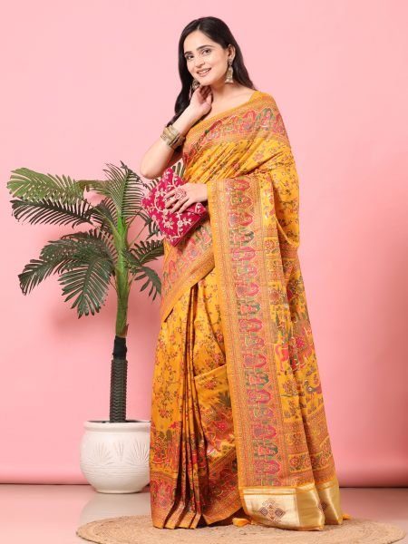Gold Floral Printed Woven Zari Pashmina Saree Banarasi Sarees