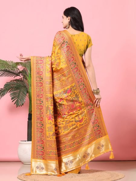 Gold Floral Printed Woven Zari Pashmina Saree Banarasi Sarees